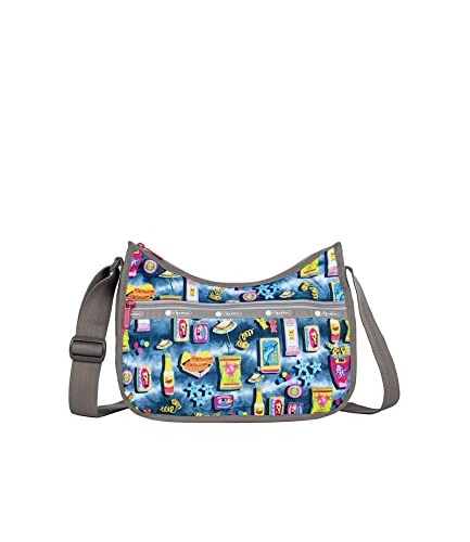 LeSportsac Beach Snacks Classic Hobo Crossbody Bag + Cosmetic Bag, Style 7520/Color F949, Vibrant Pop Art Style Beachy Graphics: Hot Dogs, French Fries & Tropical Drinks, Unique Hot Pink Zip Pull