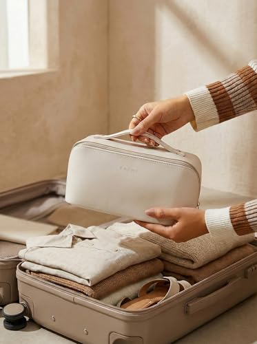 EACHY Travel Makeup Bag, Large Capacity Cosmetic Bags for Women, Waterproof Portable Open Flat Toiletry Bag Make up Bag with Divider and Handle, Christmas Gifts (White, Medium)