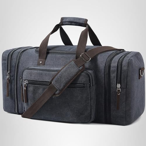 EKOROMIER Canvas Expandable Duffle Bag for Men Traveling, Luggage Travel Bag Weekender Overnight Bag,Mens Gym Carry on Duffel Bags（Dark Grey）
