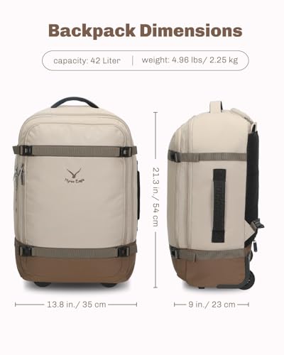 Hynes Eagle Rolling Backpack 42L Backpack with Wheels Airline Approved Carry on Luggage Laptop Travel Suitcase Bag for Women Men Khaki