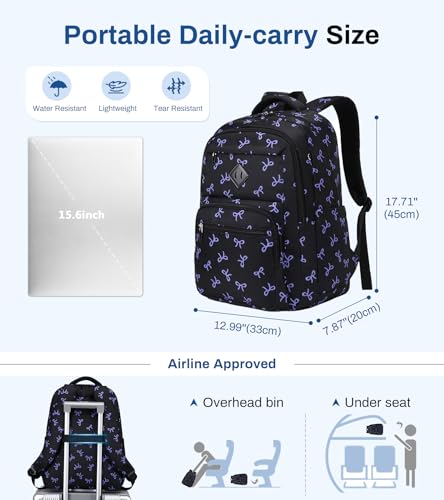 Sisipoet Girls Backpack, Lightweight School Backpack Multiple-pocket College Bookbag for Teen Girls Travel Backpack with Luggage Strap for Women, Black with Purple Bow