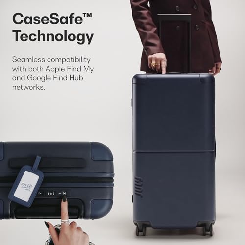 July Checked 80/20 with CaseSafe - 28.8" Built in Tracking, Airline Approved Check In Luggage with Wheels, Spinner Suitcase for Men & Women - Rolling Suitcase, Spinner Wheels, Y-Strap - Navy