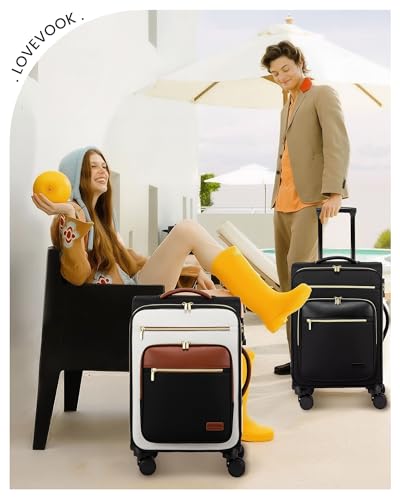 LOVEVOOK Carry on Suitcase 22x14x9 Airline Approved,20 inch Lightweight Waterproof Suitcases with 360° silent swivel wheels, TSA Lock and Compartment, Large Capacity travel Suitcase Black-White-brown