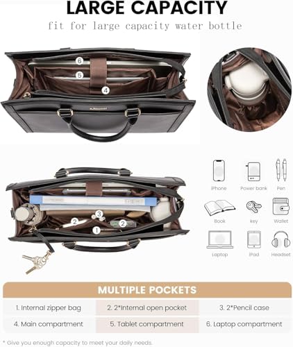 LOVEVOOK Laptop Tote Bag for Women, Leather Office Work Bag Briefcase fit for 15.6 inch Laptop, Large Teacher Computer Bag Handbag,2pcs Set Leather/Black