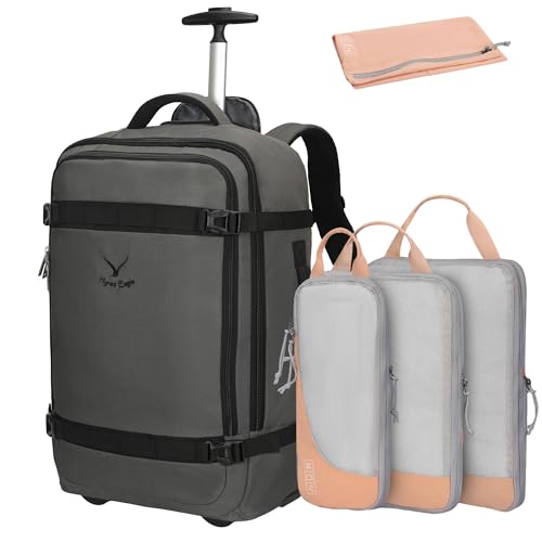 Hynes Eagle 42L Rolling Backpack Wheeled Backpack Flight Approved Travel Backpack Carry on Luggage Dark Grey with Compression Packing Cubes Set 4PCS Light Pink