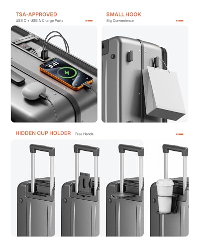 ISLAND ELEPHANT 20 Inch Carry On Luggage with Cup Holder and USB Port, Top Opening Hard Shell Suitcase with TSA Lock, Spinner Wheels, Airline Approved Lightweight, Woman Men Gifts-Grey