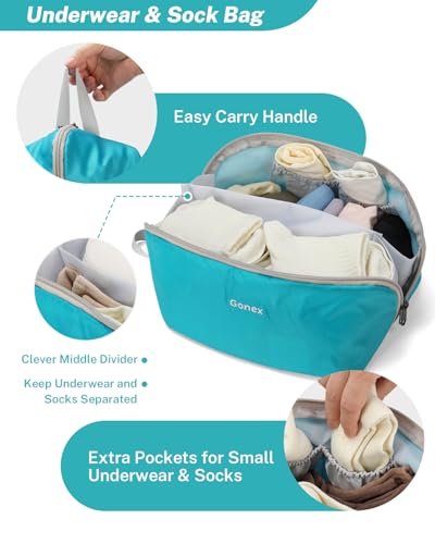 Gonex 10 Set Compression Packing Cubes for Travel, Expandable Mesh Packing Organizer for Travel Accessories Essentials with Toiletry Mesh Laundry Shoe Cable Underwear & Sock Bags for Suitcases, Blue