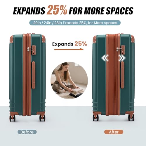 KUNEL Expandable 5 Piece Luggage Sets with Detachable Spinner Wheels and TSA Lock, Unisex Hardside ABS Suitcase Set, Hardshell Lightweight Waterproof Travel Hard Case Suitcases with Wheels, DarkGreen