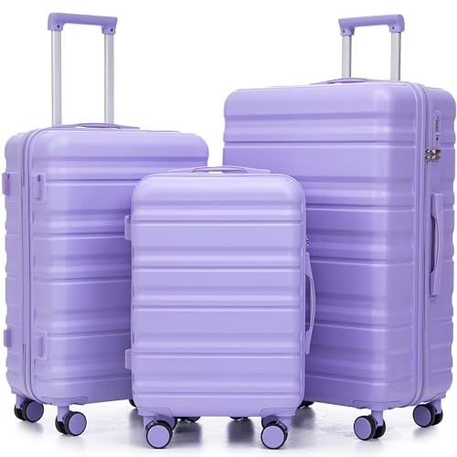 Hardside Luggage Sets, Lightweight Stripes Suitcase with Spinner Wheels, Lavender-181