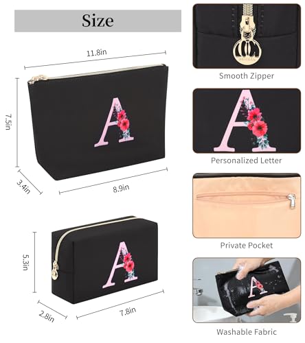 sevelly A-Z Personalized Makeup Bag 2 PCS, Birthday Gifts for Women Mom, Gifts for Best Friend, Bride Bridesmaid Cosmetic bag (A)
