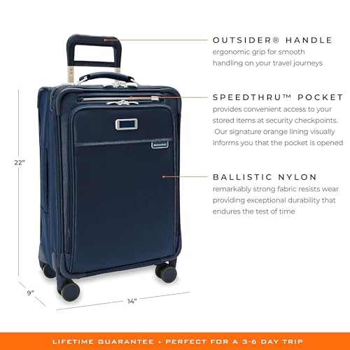 Briggs & Riley Essential 22" Carry On Expandable Spinner - Luggage for Travel, Suitcases with Wheels, Softside Rolling Bag for Men & Women, Self-Repairing Zipper - Baseline Collection, Navy