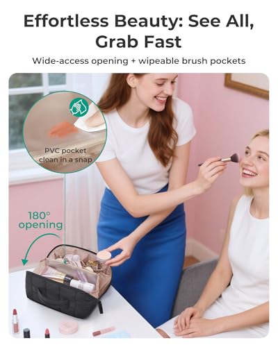 BAGSMART Travel Makeup Bag for Women, Portable Water-resistant Cosmetic Case, Puffy Padded Make Up Organizer Pouch, Open Flat Toiletry Bag for Toiletries, Brushes, Brown