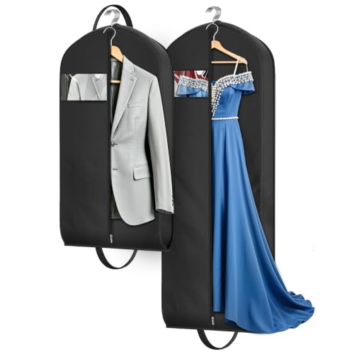 MISSLO 43"+65" Garment Bags for Travel 2 Packs Gown Dress Bag for Hanging Clothes with Suit Bags for Closet Storage Waterproof Garment Covers Long Wedding Dress Storage, Black