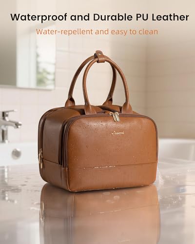 LOVEVOOK Travel Toiletry Bag for women, Leather Large Wide-open Makeup Bag, Waterproof Cosmetic Bag Organizer for Shower, Traveling, Toiletries, Bathroom