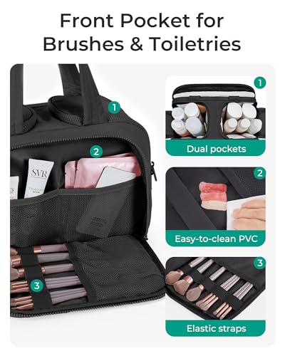 BAGSMART Travel Toiletry Bag, Lightweight Large Wide-open Travel Bag for Women, Puffy Cosmetic Makeup Bag Organizer with Handle for Accessories,Essentials, Toiletries, Black