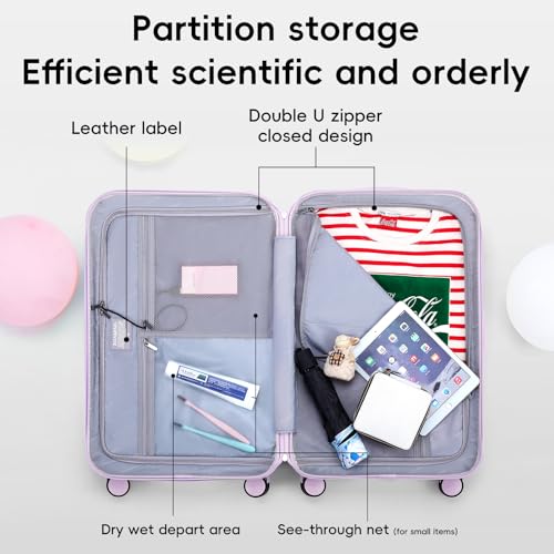 ROAMING 20-Inch Purple Carry On Luggage Airline Approved Lightweight PC Hardside Rolling Suitcase with TSA Lock Cup Holder USB Charging Port and Spinner Wheels for Women Ice cream suitcase