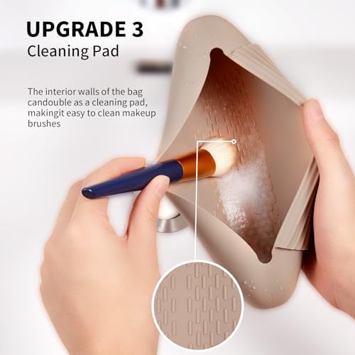 AGIKET Silicone Makeup Brush Holder Travel Cosmetic Bag：Soft Portable Cosmetic Face Brushes Holder with Upgrade Anti-Fall Out Magnetic Closure, Large Travel Makeup Brush Case - Walnut