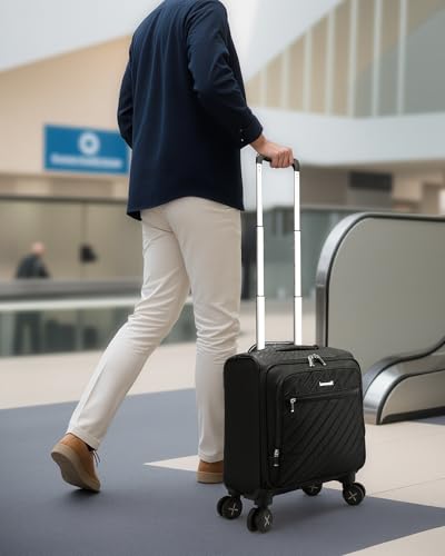 LUGGEX Carry On Luggage with Spinner Wheels - Stylish Lightweight UnderSeat Luggage - Soft Sided Small Suitcase with Front Open Design for Travel, Business (UX-Core, Black, 15 Inch)