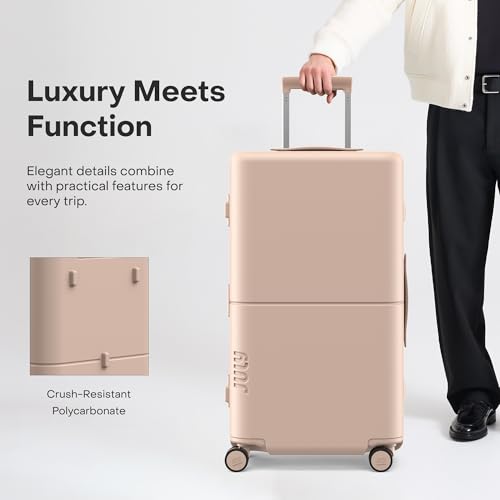 July Checked Trunk - 26.8" Zipperless Airline Approved Check In Luggage with Wheels, 80/20 Opening Spinner Suitcase - TSA Lock Rolling Suitcase, Spinner Wheels, Y-Strap - Matte Light Sand