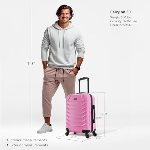 InUSA ENDURANCE Luggage with Spinner Wheels | Durable Lightweight Hardshell Suitcase, Spacious Travel Bag with Handle and Trolley | 20-Inch Carry On Small Luggage | Pink