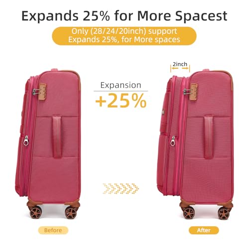LARVENDER Luggage Sets 4 Piece, Softside Carry On Luggage Suitcase Set with 360° Spinner Wheels for Women Men(28/24/20/18) Rose Red