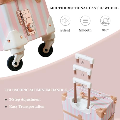 UNIWALKER Vintage Luggage Set, 2 Piece Faux Leather Carry on Suitcase with Spinner Wheels TSA Lock and Cosmetic Train Case for Women, Pink Strip, 20"+12"