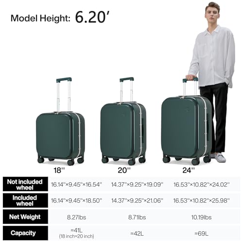 mixi Luggage Suitcase with Spinner Wheels, 24'' Checked Travel Luggage Aluminum Frame PC Hardside with TSA Lock & Cover - Blackish Green