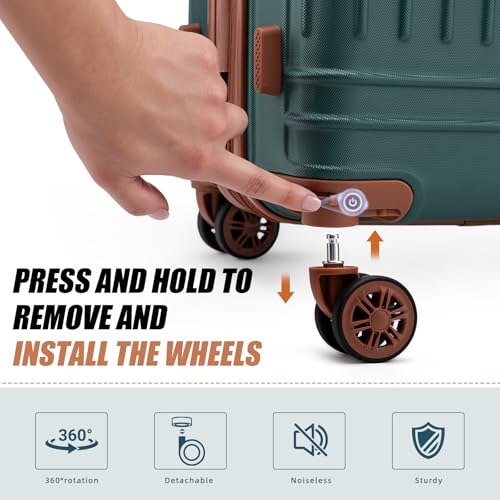 KUNEL Expandable 5 Piece Luggage Sets with Detachable Spinner Wheels and TSA Lock, Unisex Hardside ABS Suitcase Set, Hardshell Lightweight Waterproof Travel Hard Case Suitcases with Wheels, DarkGreen