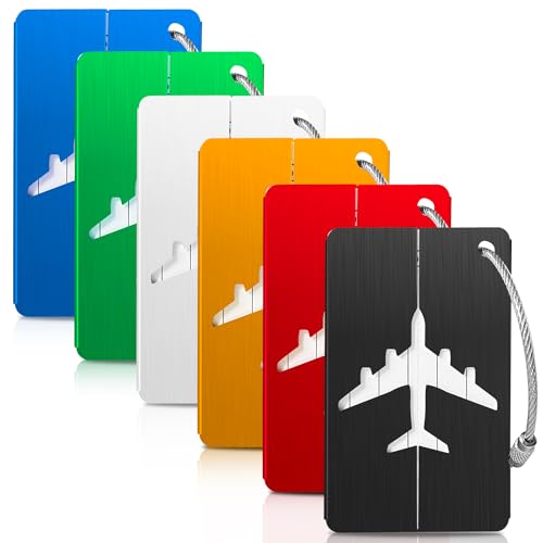 6 Pack Aluminum Luggage Tag for Suitcases with Name ID Card, Stainless Loop, Privacy Protection Travel Tags for Luggage Baggage