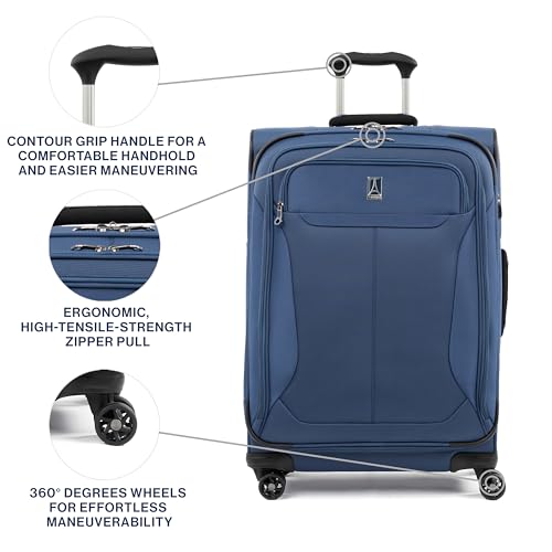 Travelpro Tourlite Softside 25" Expandable Luggage with 4 Spinner Wheels, Lightweight Suitcase, Checked Medium, Blue
