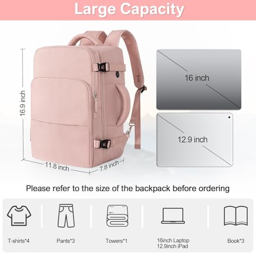 Sinaliy Travel Backpack for Women, Airline Approved Carry on Personal Item Bag, Waterproof 16 Inch Laptop Backpack for Work, College School Business, Convertible Travel Bag with Wet Pocket, Pink