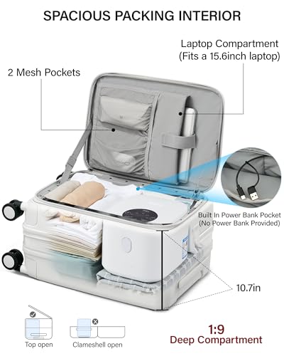 Hanke 20 Inch Expandable Carry On Luggage with Cup Holder 22x14x9 Airline Approved, Top Opening Hard Shell Suitcases with Wheels, Carry-On Travel Suitcase Trunk Luggage with Lock, Smoke White