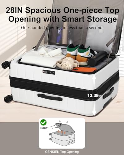 CENSIEN Luggage Sets 2 Pieces, 20 Inch Carry On Luggage and Expandable 28 Inch Checked Luggage with Spinner Wheels, Lightweight ABS+PC Hard Shell Suitcase with Front Opening, TSA Lock (White, 20/28)