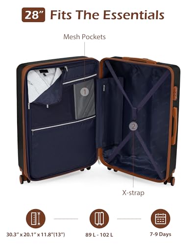 Coolife Luggage Expandable(only 28") Suitcase PC+ABS Spinner 20in 24in 28in Carry on (apricot black, L(28in))