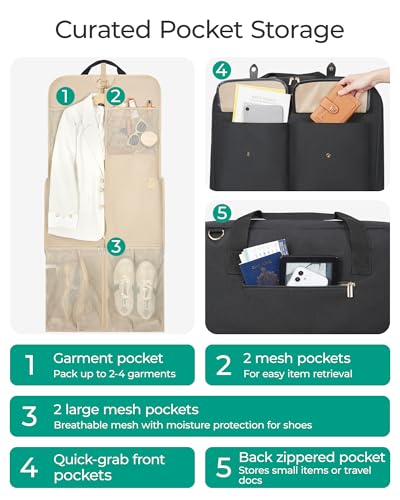 BAGSMART Large Garment Bags for Travel, Carry on Garment Bags for Hanging Clothes, Travel Suit Bag for Shirts Dresses Coats, Beige