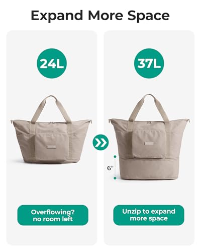 BAGSMART Foldable Travel Bag, 37L Expendable Personal Item Bag, Lightweight Weekender Bags for Women, Water Resistant Extra Carry on for Travel, Camel