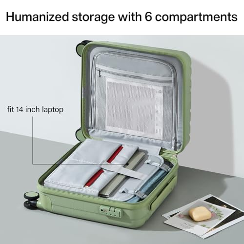Hanke 16 Inch Underseat Carry on Luggage with Wheels,Small Hard Shell Suitcases for Weekender,Travel Approved Lightweight Travel Luggage Suitcase for Womem Men,Bamboo Green.