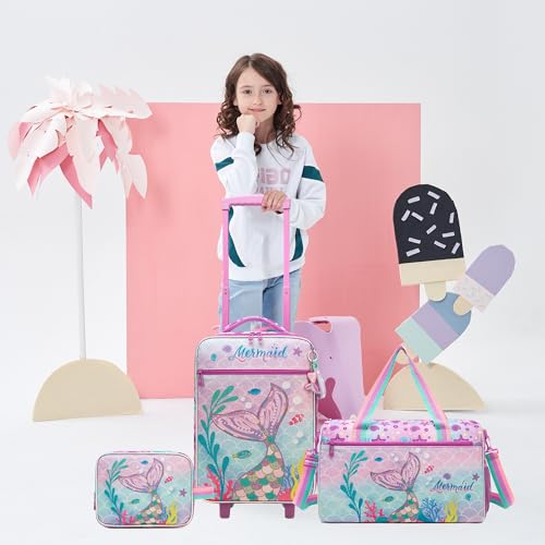 Homskiii Kids Luggage Set with Wheels Girls Cute Mermaid Travel Softside Suitcases 16" Carry on Suitcase with Duffle Bag Girls Luggage Sets Airline Approved