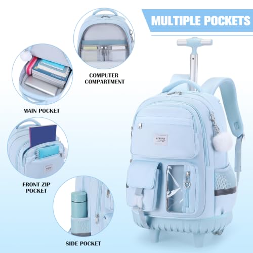 ACESAK Rolling Backpack for Girls, Roller Backpack with Lunch Bag & Pencil Pouch for Teen Girls Kids, Bookbag Backpack with Wheels for Women Elementary Middle High School Travel (Blue)