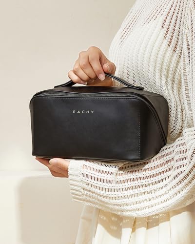 EACHY Travel Makeup Bag,Large Capacity Cosmetic Bags for Women,Waterproof Portable Pouch Open Flat Toiletry Bag Make up Bag with Divider and Handle, Gifts for Women (Black, Medium)