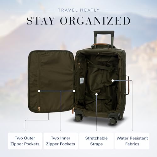 Bric's X-Travel 21” Carry-On Spinner – Airline Approved Luxury Softside Luggage with 360° Wheels, Recycled Water-Resistant Fabric, Interior Pockets, and Leather Details – Olive