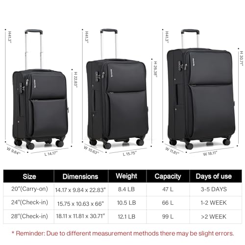 Hanke Softside Expandable 20 Inch Carry On Luggage with Wheels Airline Approved, TSA Luggage Lightweight Rolling Suitcases for Travel Carry On Bag(Black)