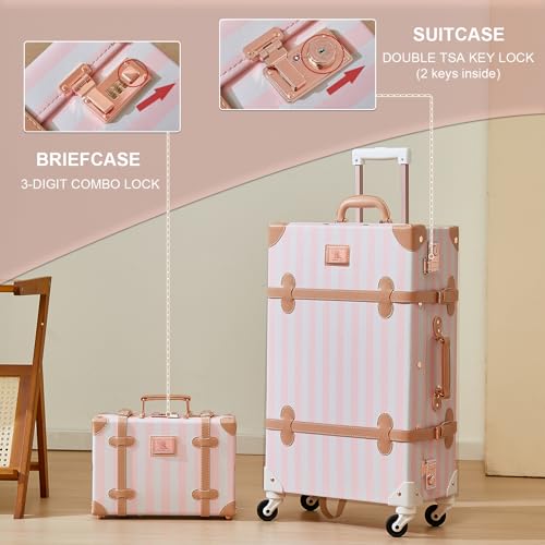 UNIWALKER Vintage Luggage Set, 2 Piece Faux Leather Carry on Suitcase with Spinner Wheels TSA Lock and Cosmetic Train Case for Women, Pink Strip, 20"+12"