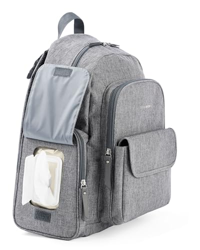 Skip Hop Diaper Bag Backpack with Portable Changing Pad, 9 Total Pockets, Easy-Access Wipes Pocket, Zippered Side Pocket, Luggage Sleeve & Stroller Straps, Fits a 15” Laptop, Luna, Heather Grey