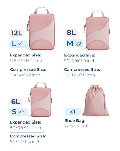 BAGSMART Compression Packing Cubes - 6 Set Travel Packing Cubes for Suitcases, Compression Suitcase Organizers with Shoe Bag Baby Pink