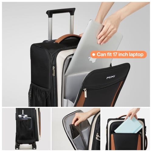 mixi Carry On Luggage 20 Inch Softside Expandable Suitcase with Front Pocket, 22x14x9 Airline Approved Rolling Lightweight Travel Suitcases with Wheels & TSA (Black-Off White)
