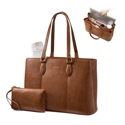 LOVEVOOK Laptop Tote Bag for Women, 15.6 Inch Vintage PU Leather Work Bag with Wristlet, Professional Computer Briefcase for Teacher,Office, Daily (Brown)