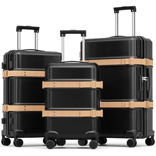 Joyway Durable Luggage Sets, 3 Piece PC+ABS Hardshell Suitcases with 2 Exterior Straps, Expandable 20 Inch & 24/28 Inch Travel Set with Spinner Wheels, TSA Lock, YKK Zipper, Black