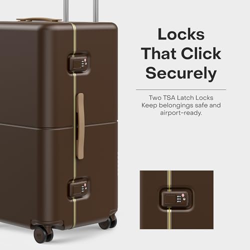 July Checked Trunk - 26.8" Zipperless Airline Approved Check In Luggage with Wheels, 80/20 Opening Spinner Suitcase - TSA Lock Rolling Suitcase, Spinner Wheels, Y-Strap - Matte Brown