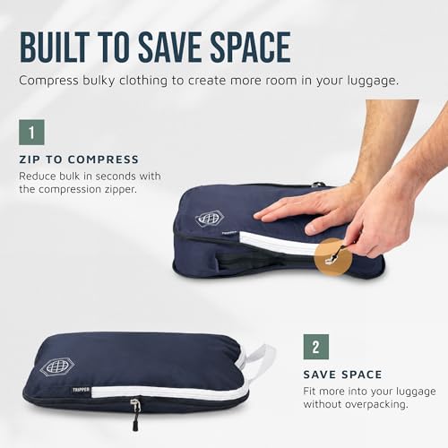Large Compression Packing Cubes for Travel-Packing Cube Luggage Organizers 7 Piece Set for Checked Luggage-Ultralight, Expandable/Compression Bags by TRIPPED Travel Gear (Navy/White)